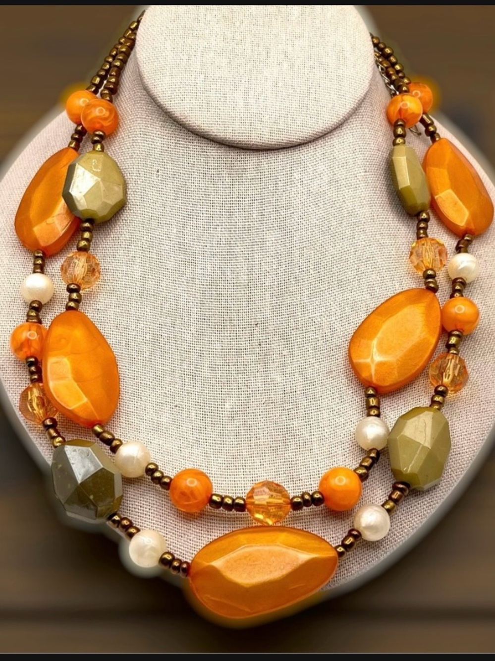 Gorgeous Chunky Lucite Double Strand Statement Necklace Orange Green Tan Colors